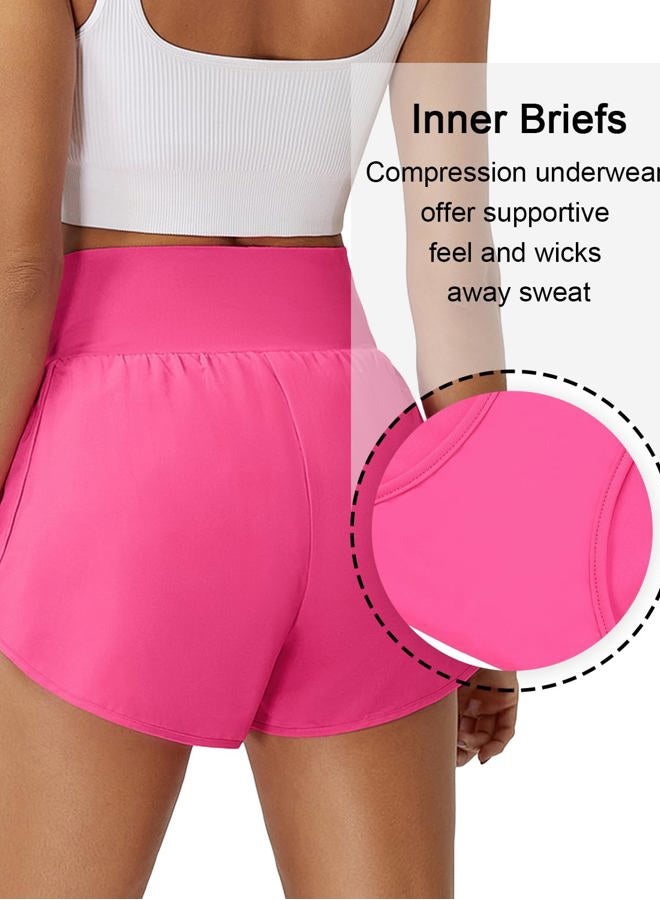 BMJL Women's Running Shorts Elastic High Waisted with Pockets， Sporty Athletic Quick Dry Workout Shorts, Hot Pink003, L - Image 4