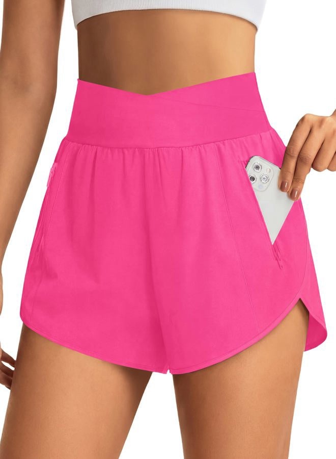 BMJL Women's Running Shorts Elastic High Waisted with Pockets， Sporty Athletic Quick Dry Workout Shorts, Hot Pink003, L - Image 1