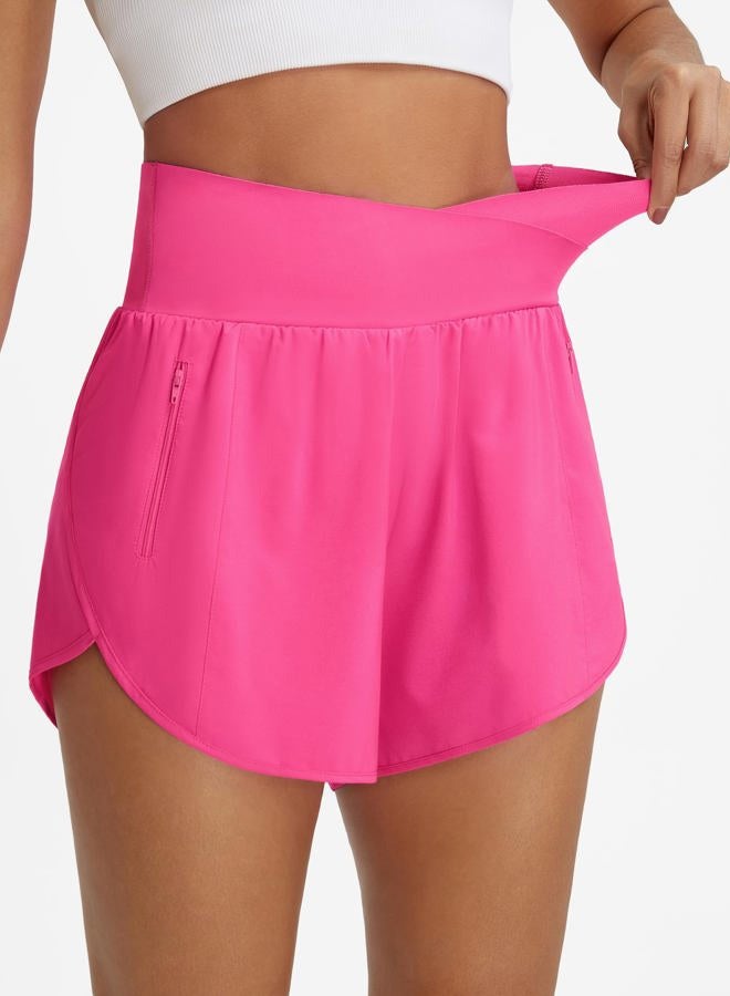 BMJL Women's Running Shorts Elastic High Waisted with Pockets， Sporty Athletic Quick Dry Workout Shorts, Hot Pink003, L - Image 2