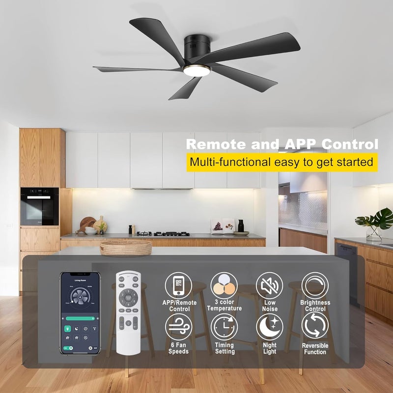 Ohniyou 52” Low Profile Ceiling Fan with Lights, Remote & APP Control Modern Flush Mount Indoor Outdoor Ceiling Fans, Dimmable, Silent DC Motor, Reversible, Black - Image 2