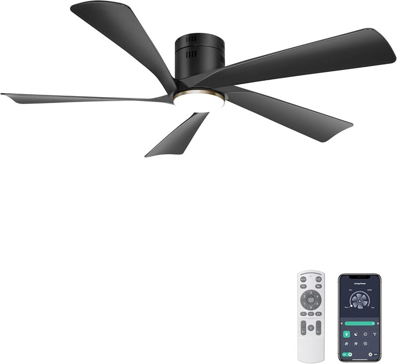 Ohniyou 52” Low Profile Ceiling Fan with Lights, Remote & APP Control Modern Flush Mount Indoor Outdoor Ceiling Fans, Dimmable, Silent DC Motor, Reversible, Black - Image 1