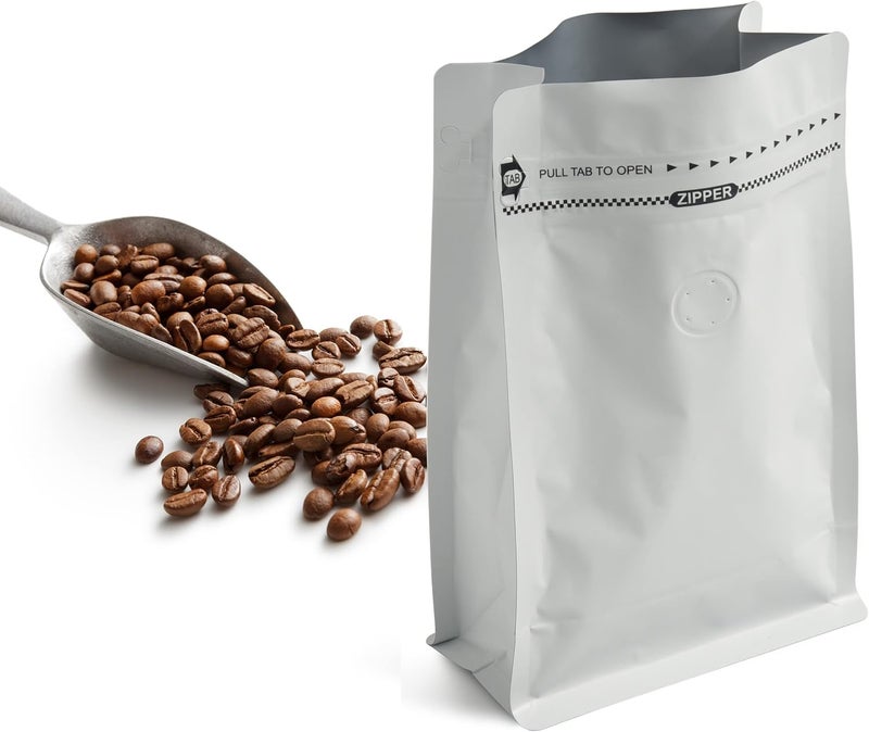 felipack Pack of 100 16oz Wihite Coffee Bags with High Barrier Aluminum Foil Liner, Resealable Coffee Pouches with Degassing Valve, Ziplock Food Storage Bags with Pull Tape, 16oz/1lb/500gram,100pcs - Image 2