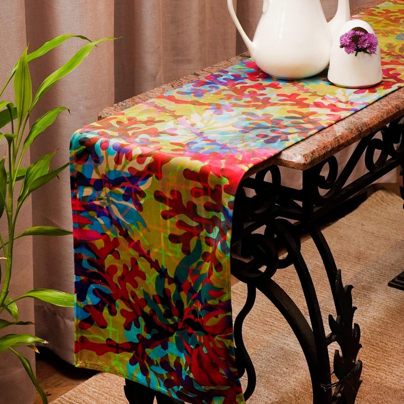Zeba Zeba World Velvet Abstract Print Olive Green 4 Seater/ 6 Seater Table Runner Cloth, Dining Table Runner, Table Runner for Living Room- 30 cms x 210 cms; 12 inches x 84 inches. - Image 1