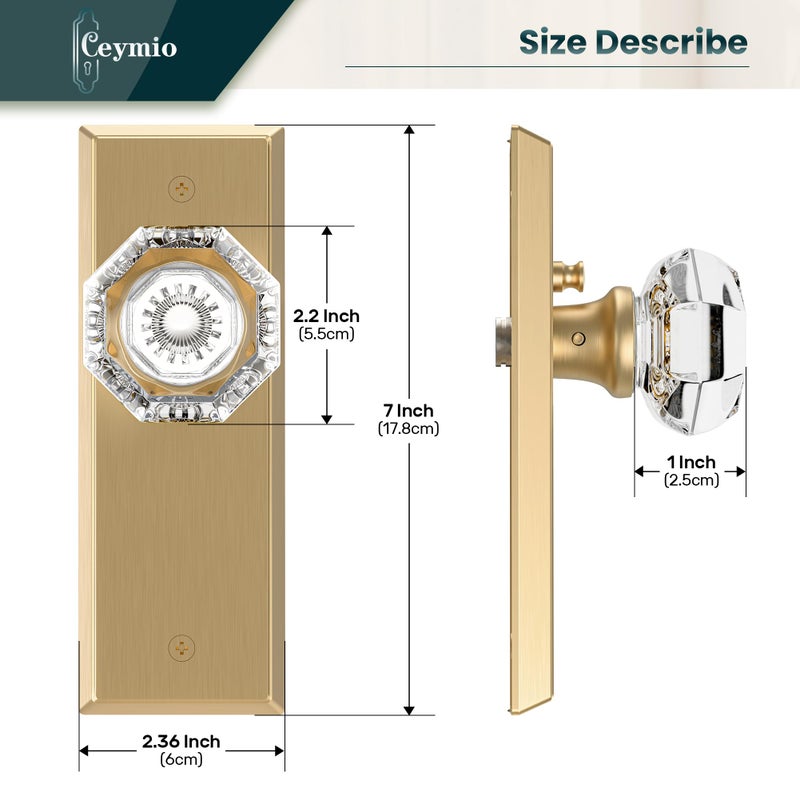 CEYMIO Glass Door Knobs for Interior Doors - Vintage Crystal Privacy Bedroom & Bathroom Door Knob with Lock - Diamond Cut Door Handle - Satin Brass Finish (1 Pack) - Image 4