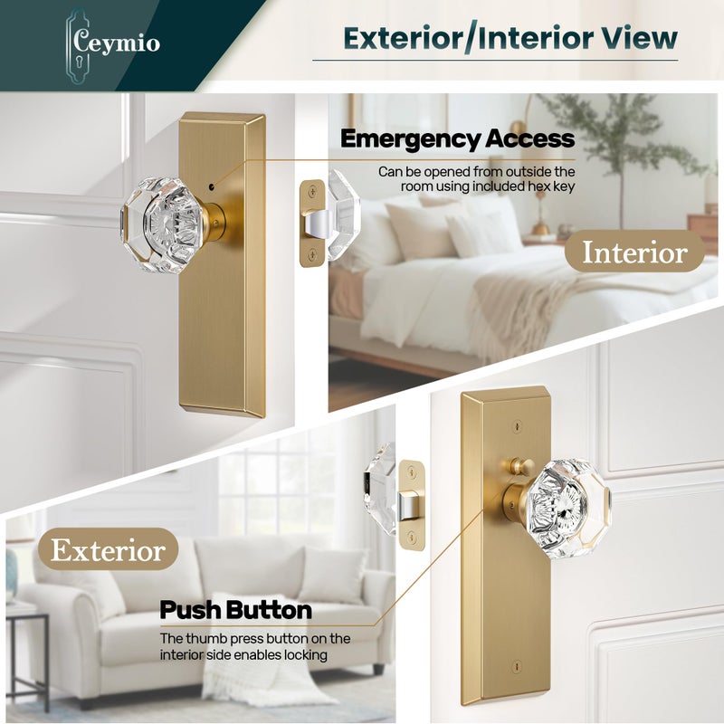 CEYMIO Glass Door Knobs for Interior Doors - Vintage Crystal Privacy Bedroom & Bathroom Door Knob with Lock - Diamond Cut Door Handle - Satin Brass Finish (1 Pack) - Image 2