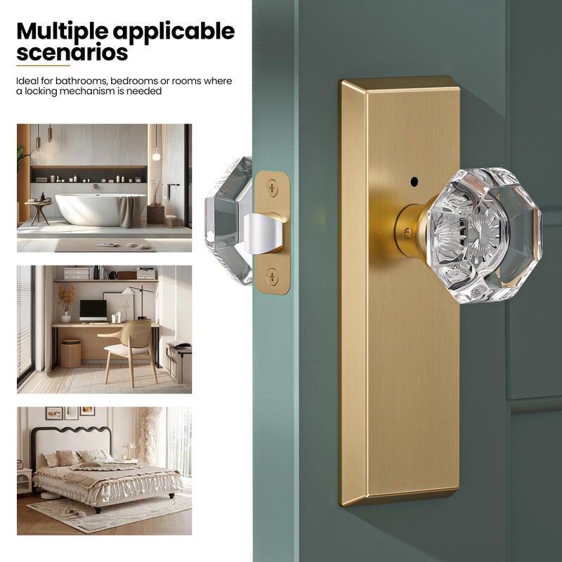 CEYMIO Glass Door Knobs for Interior Doors - Vintage Crystal Privacy Bedroom & Bathroom Door Knob with Lock - Diamond Cut Door Handle - Satin Brass Finish (1 Pack) - Image 3
