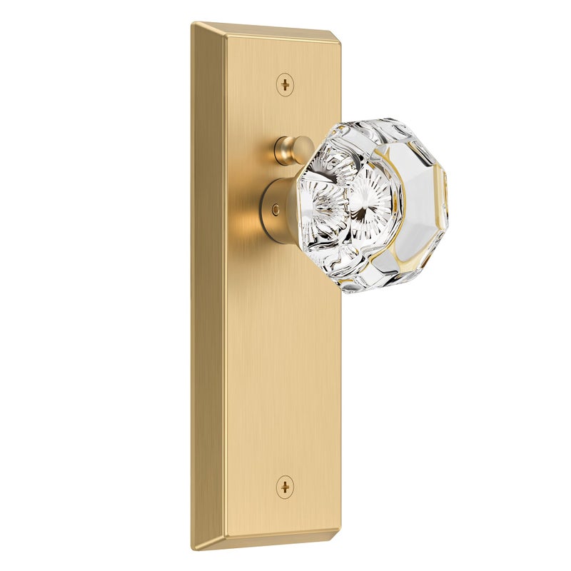CEYMIO Glass Door Knobs for Interior Doors - Vintage Crystal Privacy Bedroom & Bathroom Door Knob with Lock - Diamond Cut Door Handle - Satin Brass Finish (1 Pack) - Image 1