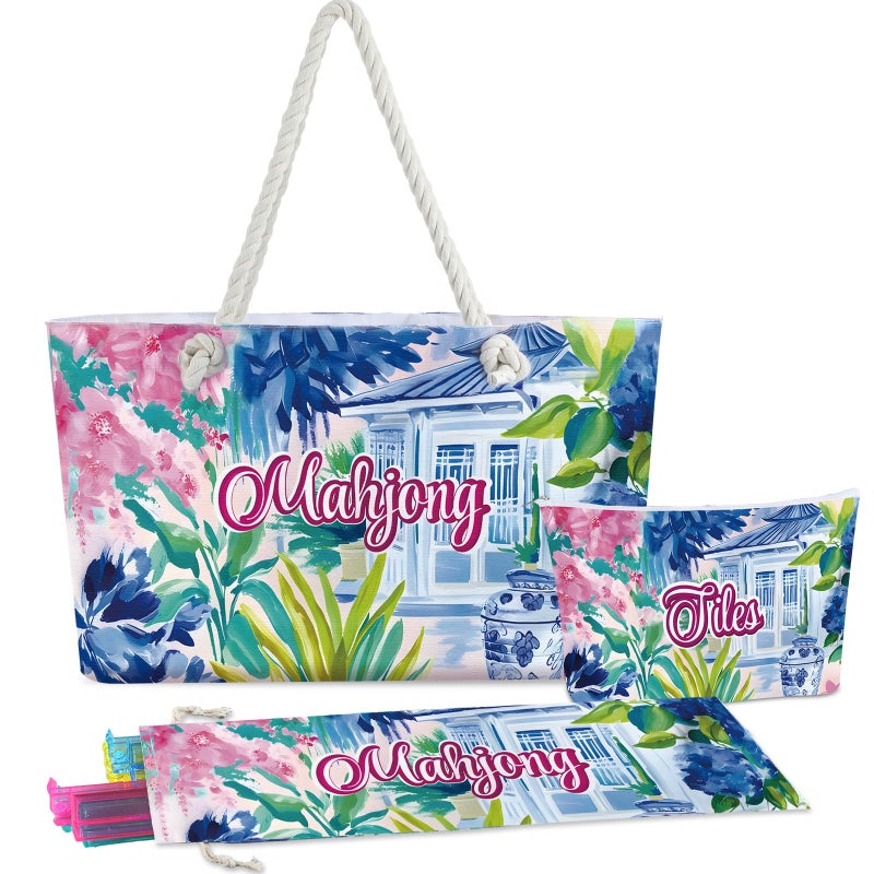 Sunnymove Empty Mahjong Bags Set for Tiles and Racks 24x13x4.7 Inch American Mahjong Carrying Bag Tote Tiles Bag Drawstring Protective Sleeve for Rack Pusher Party Travel, Case Only(Floral) - Image 1