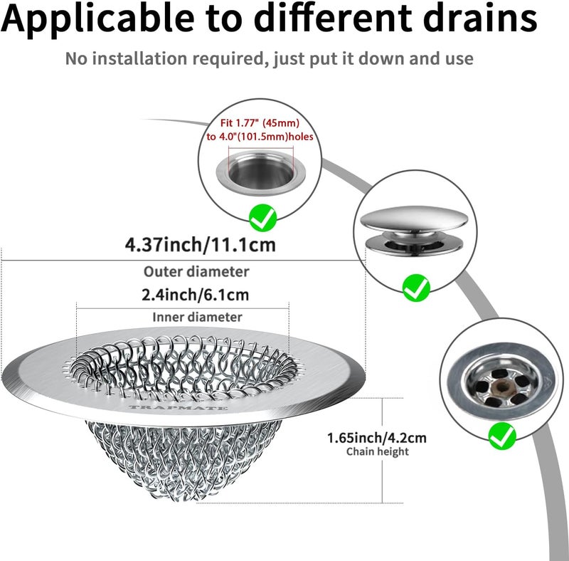 TRAPMATE 2 Pack Bathroom Sink Drain Strainer, 4.4" Fast Drainage Shower Drain Hair Catcher, Anti-Slip Bathtub Drain Hair Catcher, Stainless Steel Shower Drain Cover for Tub, Sink (Patented Product) - Image 4