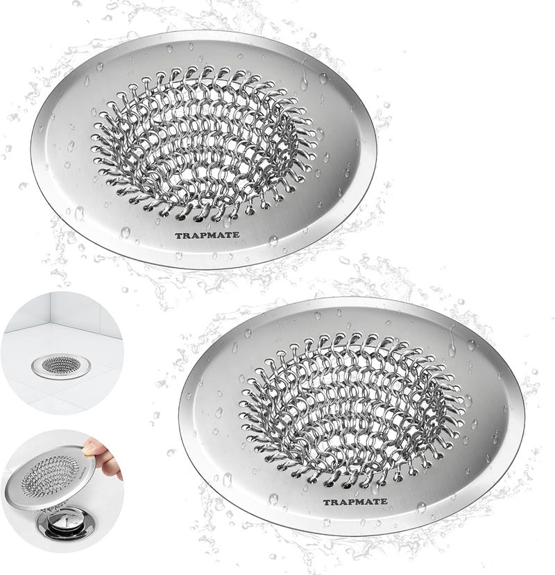 TRAPMATE 2 Pack Bathroom Sink Drain Strainer, 4.4" Fast Drainage Shower Drain Hair Catcher, Anti-Slip Bathtub Drain Hair Catcher, Stainless Steel Shower Drain Cover for Tub, Sink (Patented Product) - Image 1