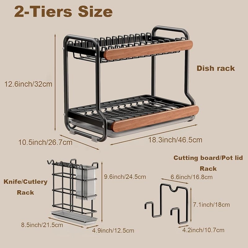 TAYRAN Double-layer kitchen countertop drain rack, made of stainless steel, with a drain board and dish rack; kitchen sink storage rack, can hold plates and bowls; black. - Image 2