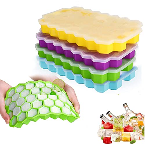 BrezzyCloud Ice Cubes Tray for Fridge 37 Grids Silicon ice Cube Trays for Freezer with lid Honeycomb Cavity Silicon Ice Tray for Fridge Whiskey Cocktails Freezer Small Cubes Soft Ice Cube Tray(Set-4 with Lid) - Image 1