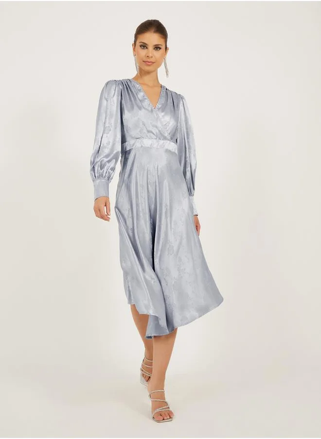 Styli Textured Long Sleeves Pleated A-Line Midi Dress