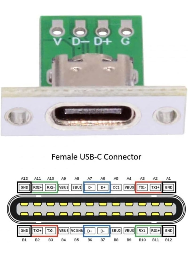 Barakah DIY OEM Type C Female Socket Connectors, Panel Mount USB 2.0 24-Pin Connectors with PC Board Pinout for Electronics, Device Assembly, Repair, and Prototyping Applications (Set of 5, Green) - Image 2