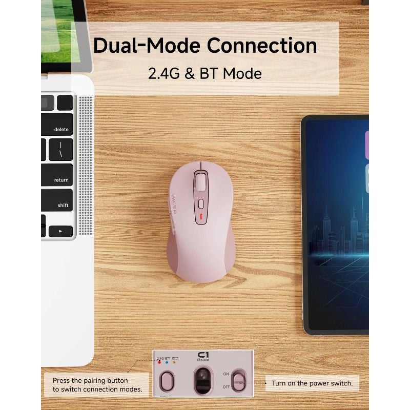 Eweadn C1 Wireless Silent Mouse Bluetooth and Rechargeable 2.4g with 4000 Dpi, Ergonomic for Esports, Pink - Image 2