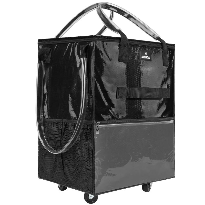 MRINCA Reusable Grocery Bag On Wheels, 70L Foldable Shopping Rolling Tote Bag with 6 Pockets, Shopping Trolley Cart with Zippered Top & 3-Way Handles, Lightweight for Moving, Camping, Travel, Medium, Black - Image 1