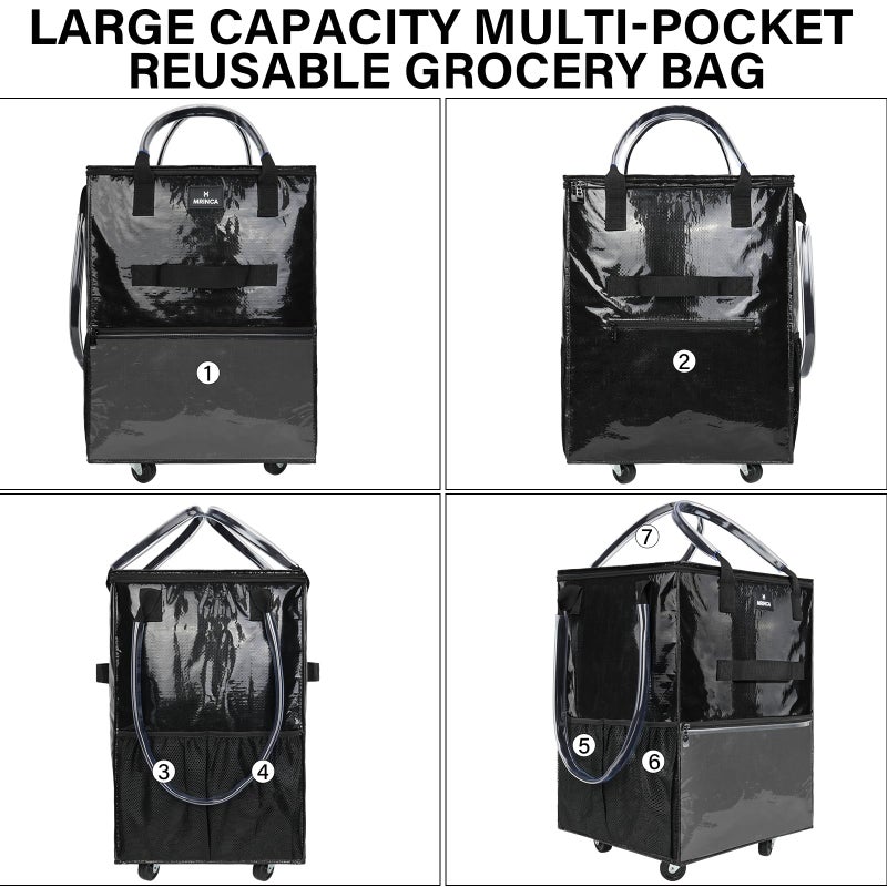 MRINCA Reusable Grocery Bag On Wheels, 70L Foldable Shopping Rolling Tote Bag with 6 Pockets, Shopping Trolley Cart with Zippered Top & 3-Way Handles, Lightweight for Moving, Camping, Travel, Medium, Black - Image 4