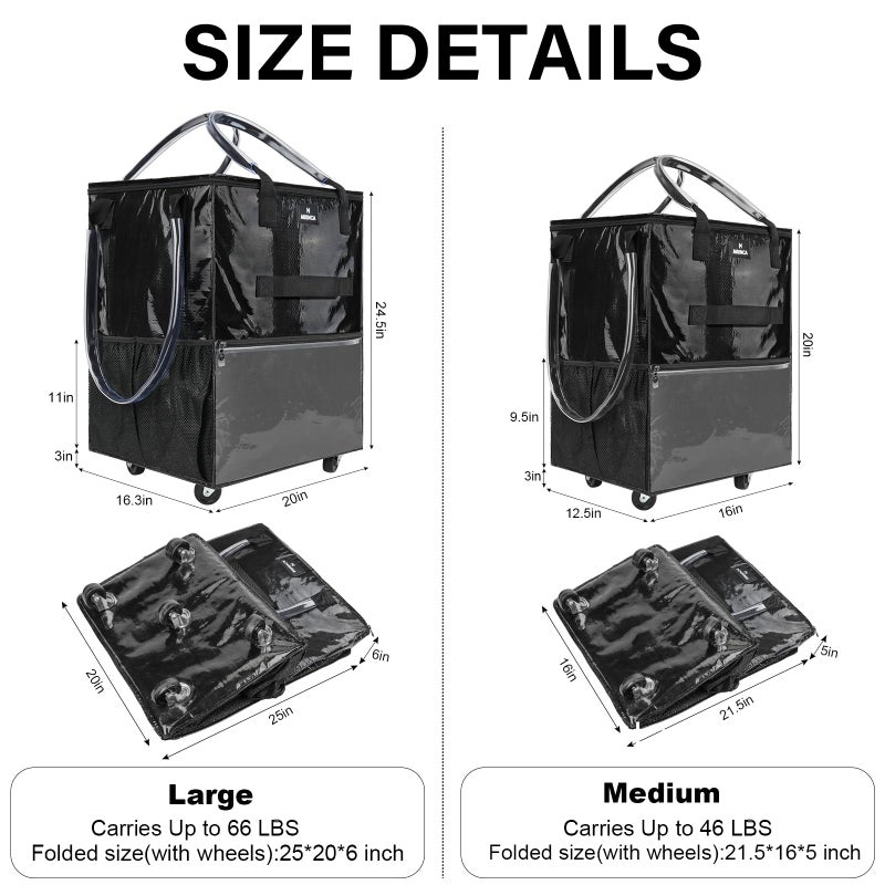MRINCA Reusable Grocery Bag On Wheels, 70L Foldable Shopping Rolling Tote Bag with 6 Pockets, Shopping Trolley Cart with Zippered Top & 3-Way Handles, Lightweight for Moving, Camping, Travel, Medium, Black - Image 3