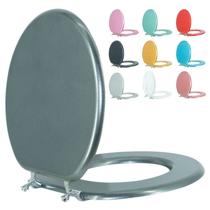 BLOFDE Round Toilet Seat Wood Toilet Seat Prevent Shifting with Zinc Alloy Hinges American Standard Size Toilet Seat Easy to Install also Easy to Clean(Round,Sparkling GentlemanGrey) - Image 1