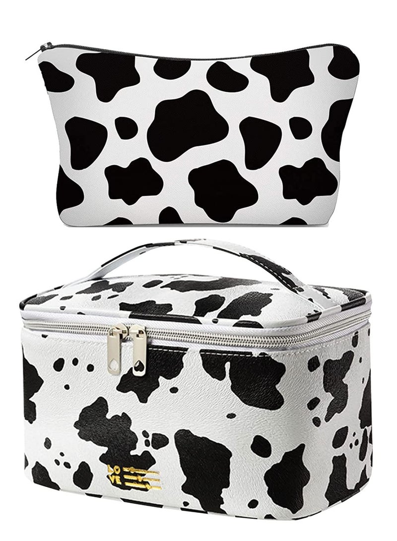 Makeup Bag Set Cosmetic Bag Organizer Small Travel Make Up Pouch Organizer Toiletry Bags for Purse Women Girls 2PACK (  Cow Print) - Image 1