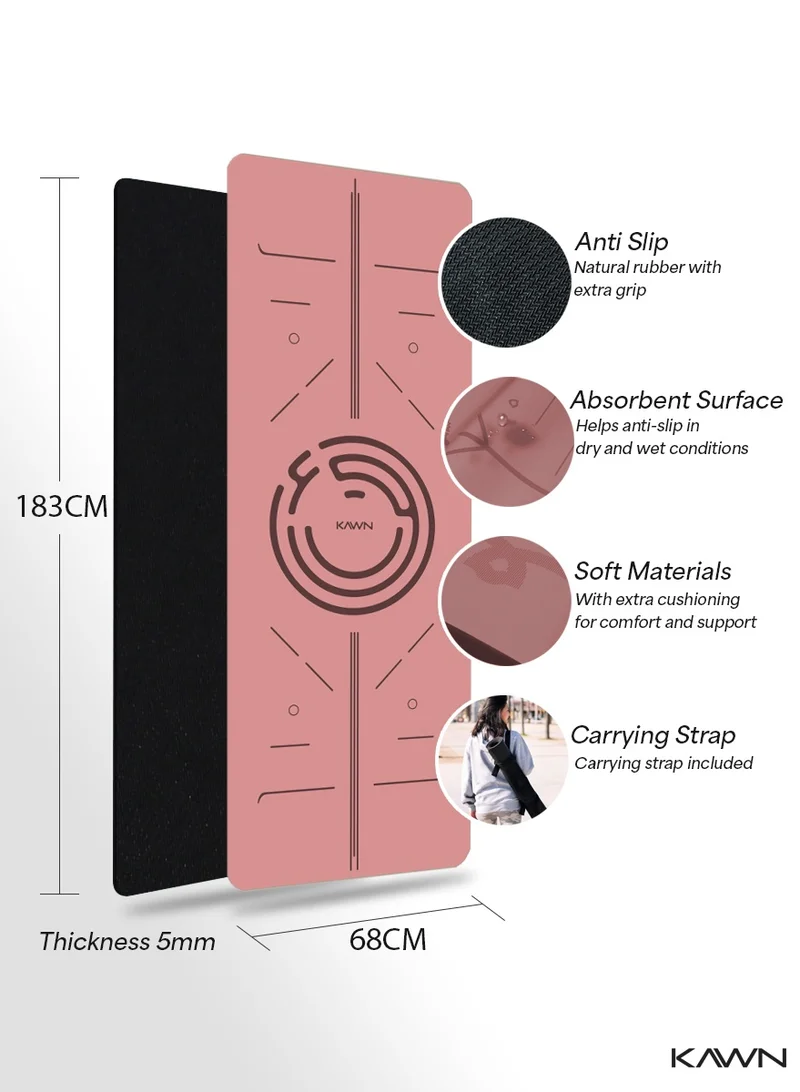 KAWN.YOGA Pink Mat. Non-Slip. Strap Included. High Performance Material Exercise Mat Ideal For Hiit, Plates, Yoga And Other Workouts