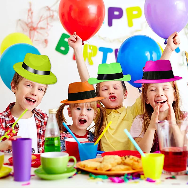 Selibration Plastic Neon Colour Bright Hat for Kids Birthday Party & Return Gifts, Bachelorette Theme, Craft Tiaras, Christmas, Gangster Fedora, Perfect for Traveling & Suitable to All (Set of 5pcs) - Image 3
