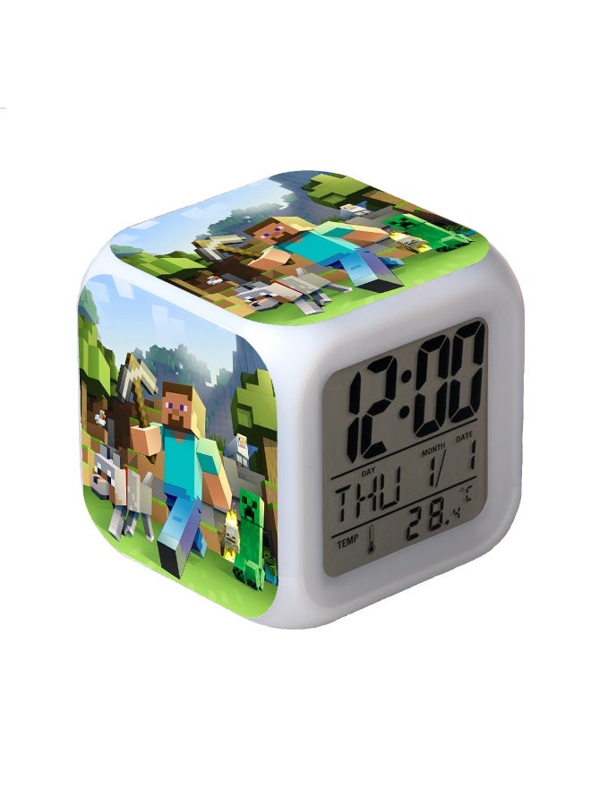 OUTAD Minecraft Night Light with Alarm Clock Function, Displays Temperature and Date; Colorful LED Alarm Clock, Cartoon Anime Clock, Silent Night Light for Students - Image 1