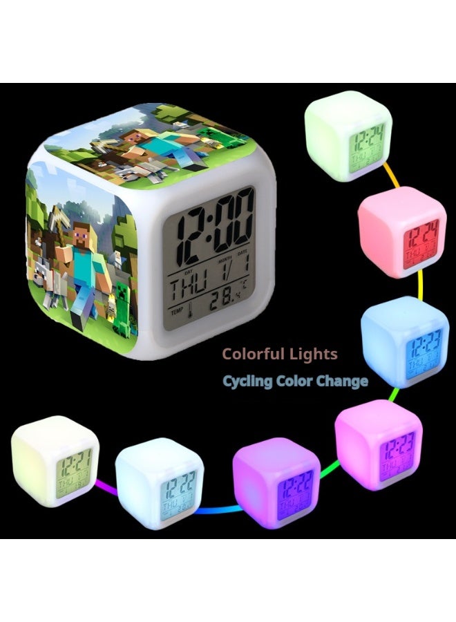 OUTAD Minecraft Night Light with Alarm Clock Function, Displays Temperature and Date; Colorful LED Alarm Clock, Cartoon Anime Clock, Silent Night Light for Students - Image 2