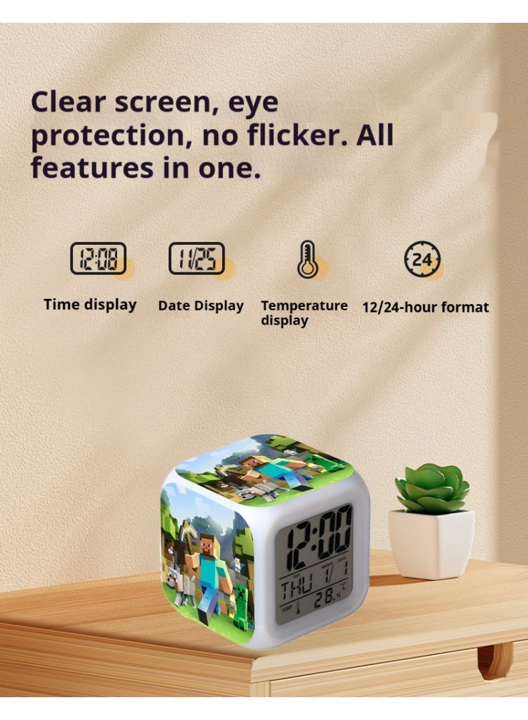 OUTAD Minecraft Night Light with Alarm Clock Function, Displays Temperature and Date; Colorful LED Alarm Clock, Cartoon Anime Clock, Silent Night Light for Students - Image 3