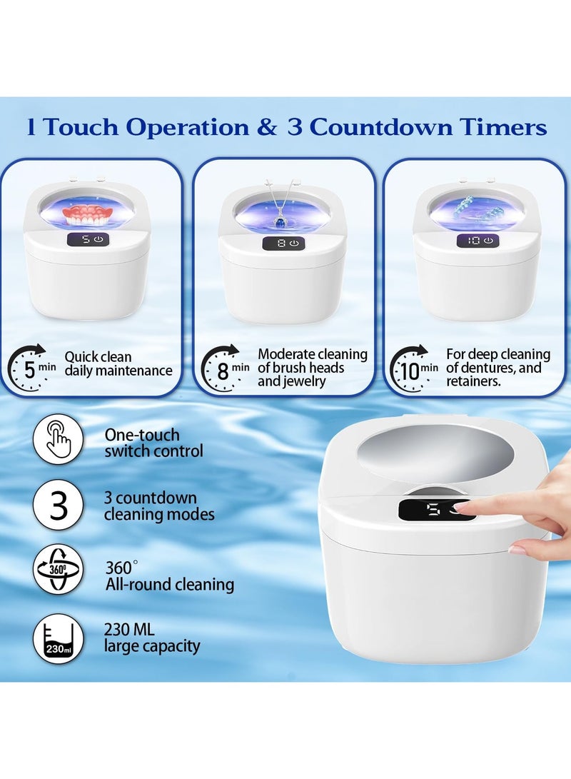 AROAQ 2 IN 1 Ultrasonic Jewelry Cleaner 45kHz Professional Portable Ultrasonic Retainer Cleaner Machine for Dentures with 2UV-Light 3 Time Modes and LED Digital Timer for Retainer Mouth Guard Watch Ring -Home and Travel Use 230ML - Image 5