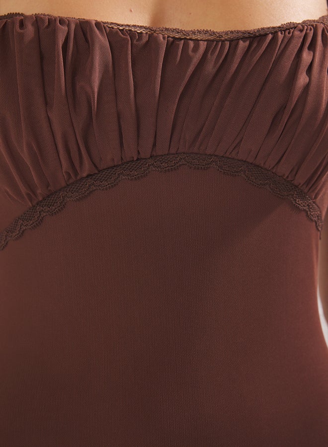 trendyol Brown Plain Flounce Detail Lined Tulle Knitted Short Elegant Dress  - Image 3