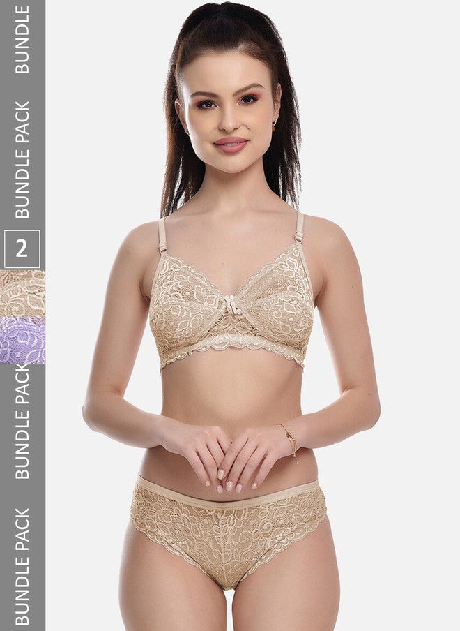 FIMS Pack Of 2 Self-Design Cotton Lycra Lingerie Set - Purple and Beige - Image 1