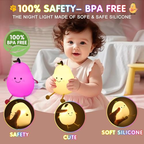 HashWOW® Pear Silicone Night Light - Rechargeable Silicone LED Lamp Kids Room Bedroom Decor Soft Glow Touch Control - Image 2