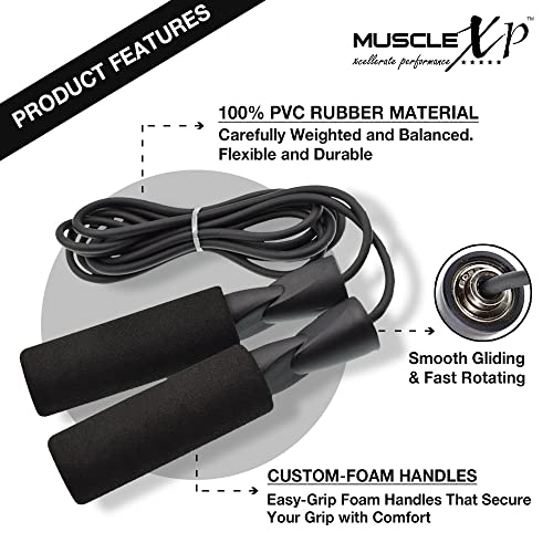 MuscleXP Skipping Rope (Jumping Rope) with Foam Handles for Men, Women & Children For Weight Loss, Exercise Workouts (Black) - Image 3
