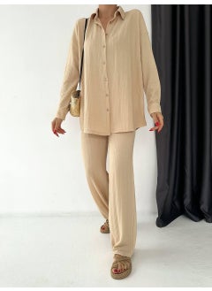 Escbutik Women's Elastic Waist Wrinkled Fabric Trousers Shirt Set of 2  - Image 3