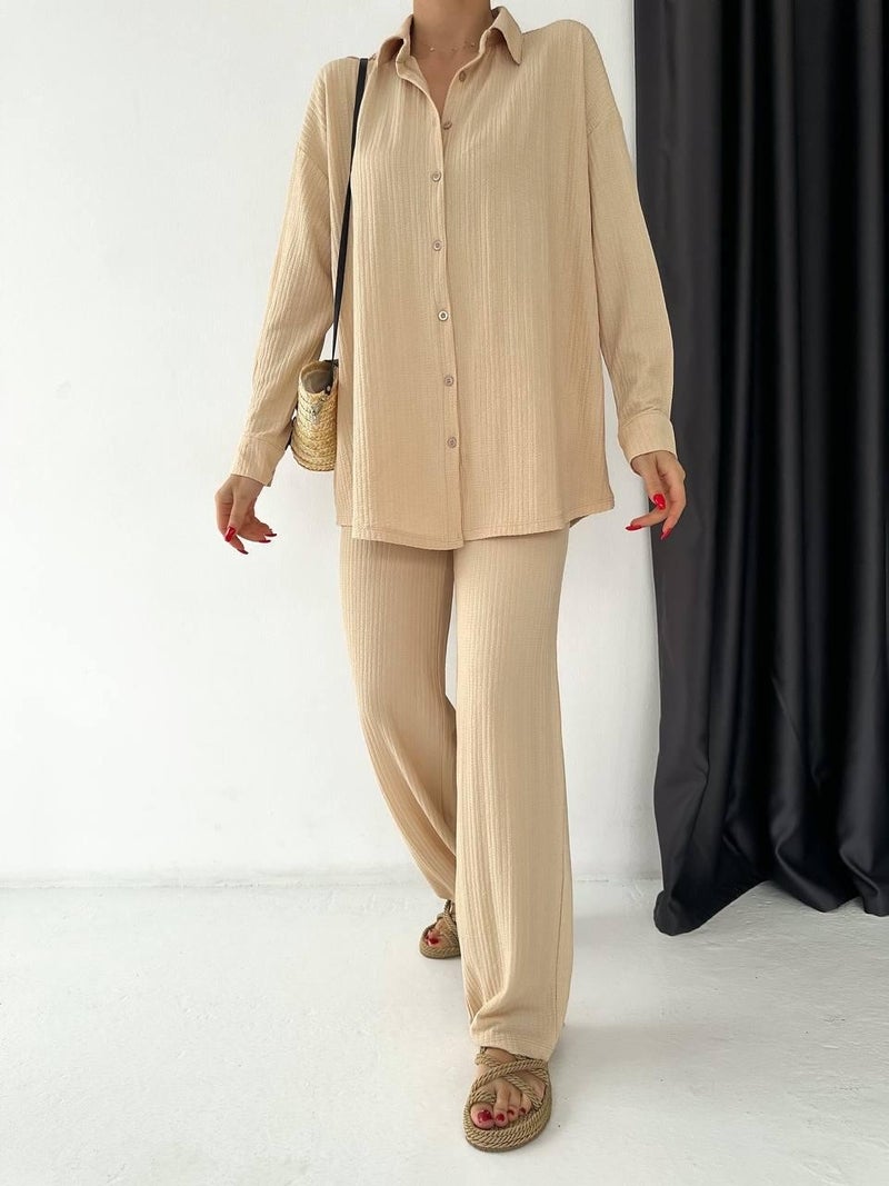 Escbutik Women's Elastic Waist Wrinkled Fabric Trousers Shirt Set of 2  - Image 3
