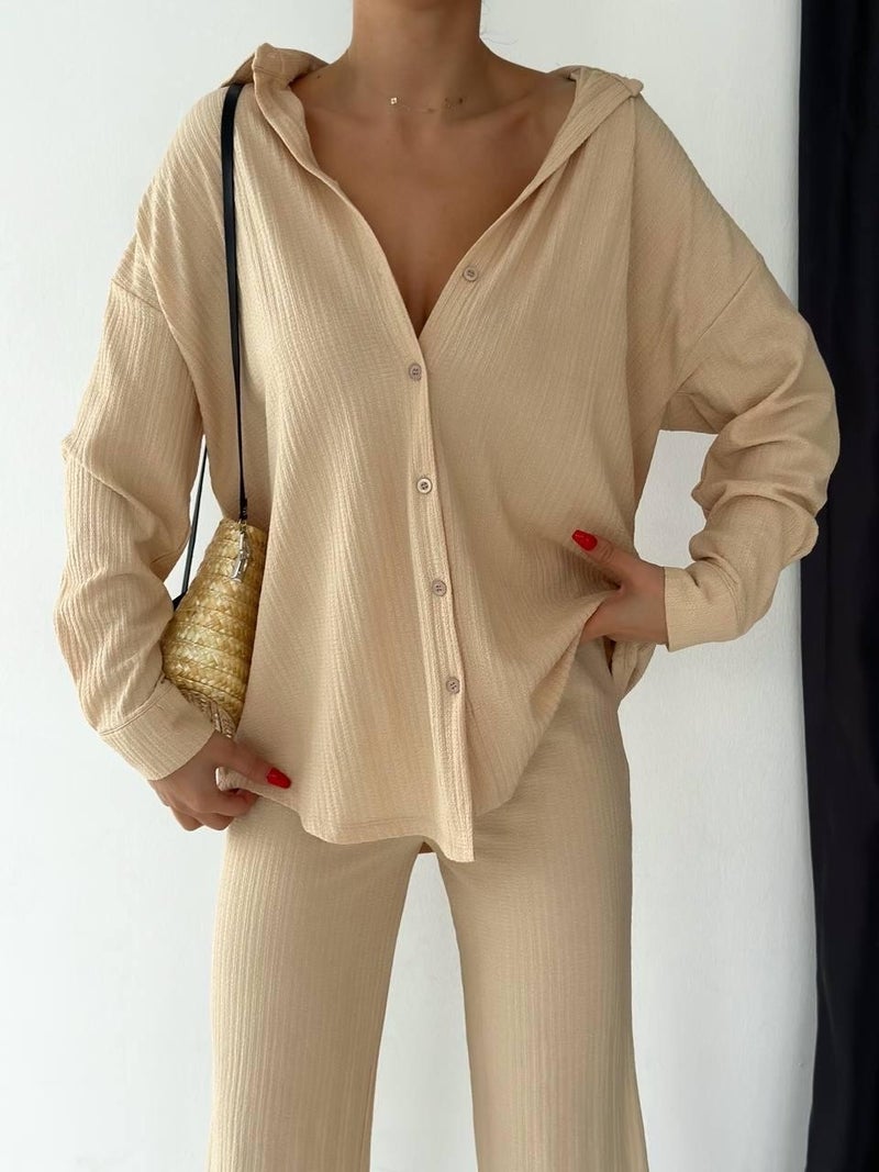 Escbutik Women's Elastic Waist Wrinkled Fabric Trousers Shirt Set of 2  - Image 2