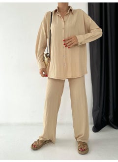 Escbutik Women's Elastic Waist Wrinkled Fabric Trousers Shirt Set of 2  - Image 1