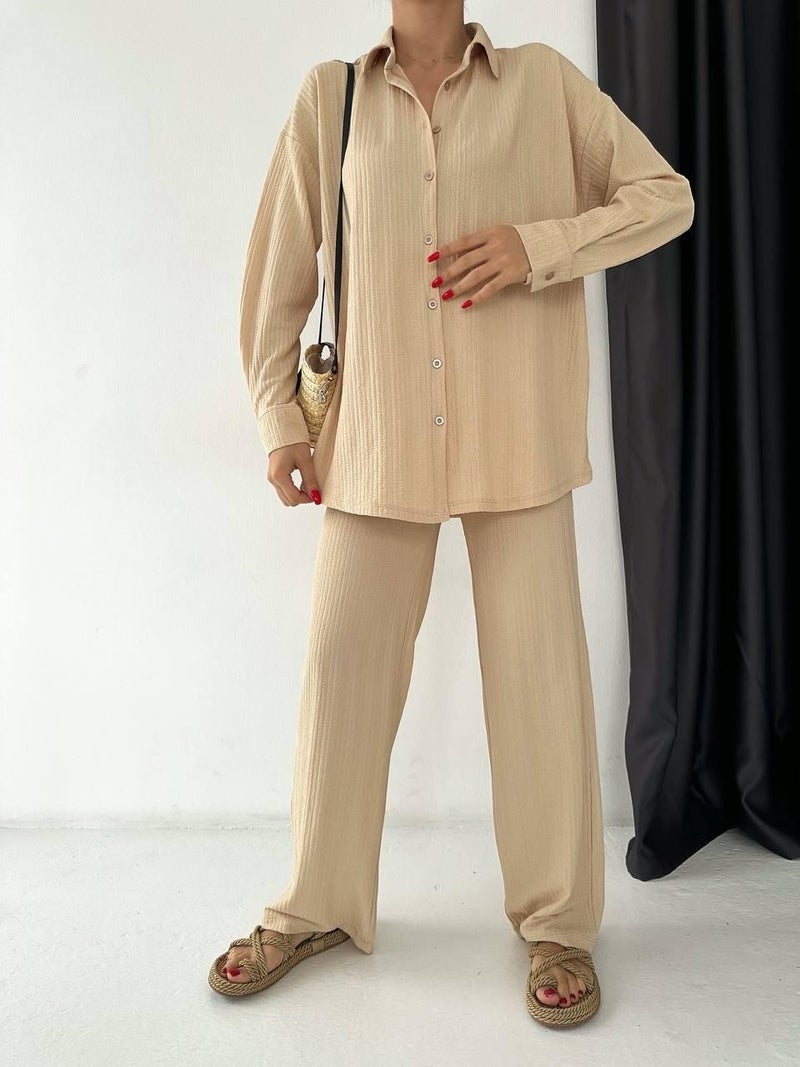 Escbutik Women's Elastic Waist Wrinkled Fabric Trousers Shirt Set of 2  - Image 1