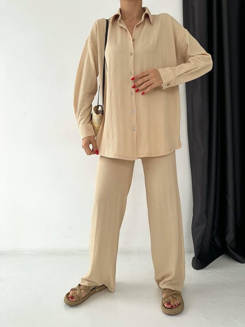 Escbutik Women's Elastic Waist Wrinkled Fabric Trousers Shirt Set of 2  - Image 5