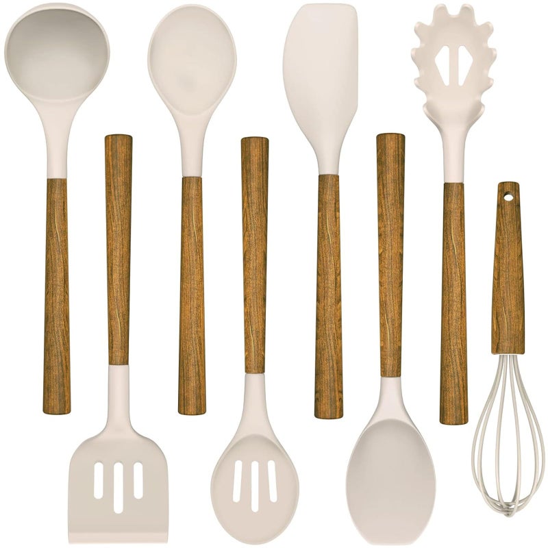 Silicone Cooking Utensil SetUmite Chef 8Piece Kitchen Utensils Set with Natural Acacia Wooden Handles Silicone Kitchen Gadgets and Spatula Set for Nonstick Cookware  Khaki