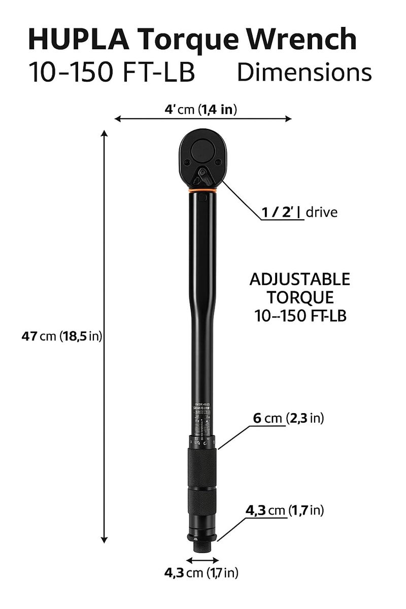 HUPLA 1/2" Drive Click Torque Wrench (10–150 Ft-Lb / 28–210 Nm) | Dual Range Micrometer Adjustable Ratchet Wrench for Car, Bike & Industrial Use | Torque Tool with Storage Case - Fixed Square - Image 3