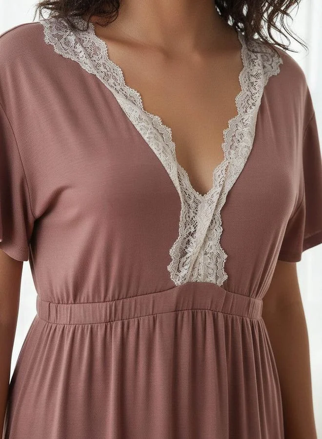 Aadaraya  Aadaraya Night Gown Short Sleeves Lace Trim for Women | Best Price UAE