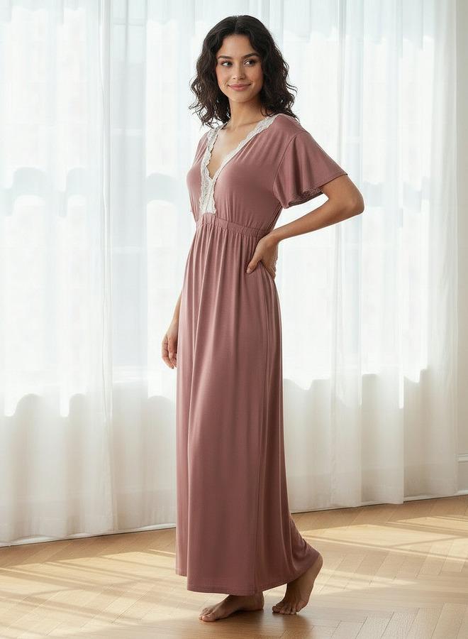 Aadaraya Night Gown Short Sleeves Lace Trim - Image 2