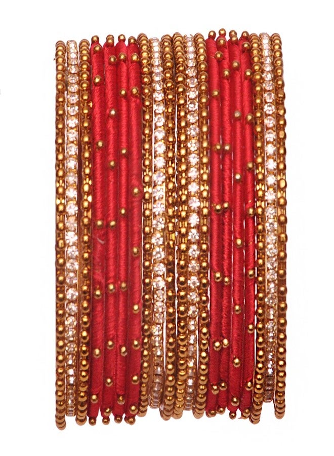NMII Non-Precious Metal Base Metal With Silk Thread Or Ball Chain and Zircon Gemstone Studded Worked Bangles Set For Women and Girls,(Red_2.6 Inches), Pack Of 20 Bangles Set - Image 1