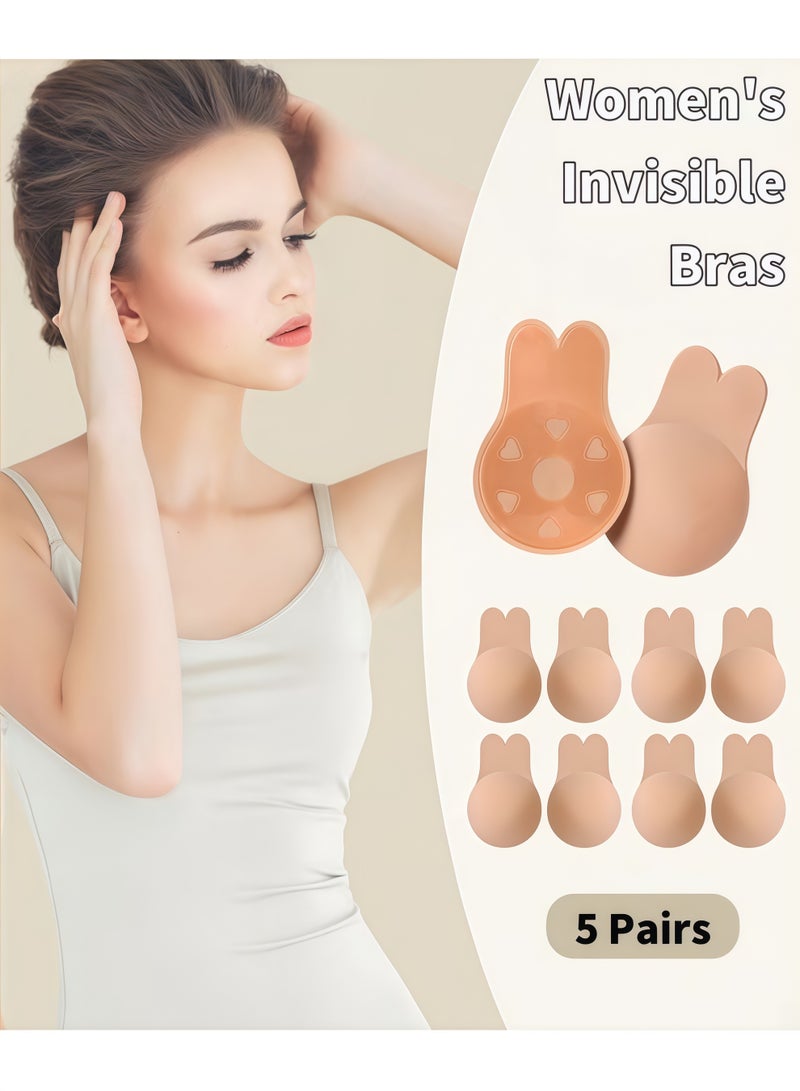5PCS Women's Adhesive Bras Strapless Backless Bra Invisible Lift Up Adhesive Cover Bra Comfortable & Reusable Silicone Rabbit Ear Bras for Strapless Backless Evening Dresses & Prom Dresses & Bridal Dress - Image 1