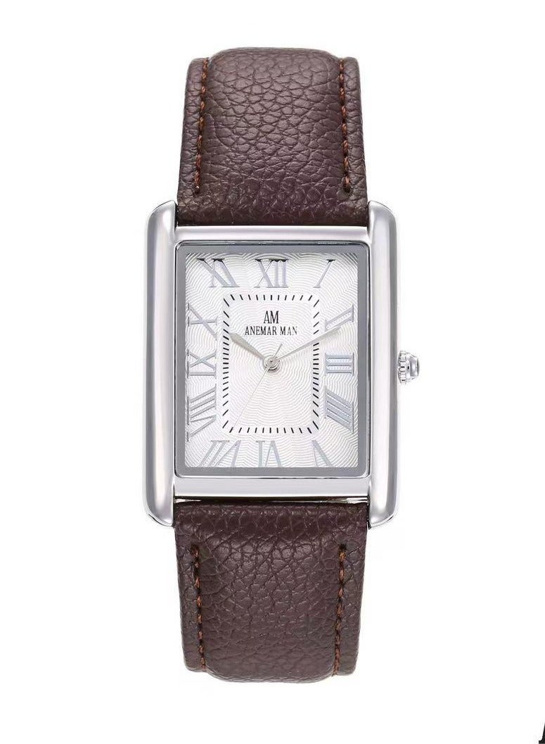 ANEMAR MAN Men's waterproof leather watch with high quality, brown strap and silver dial