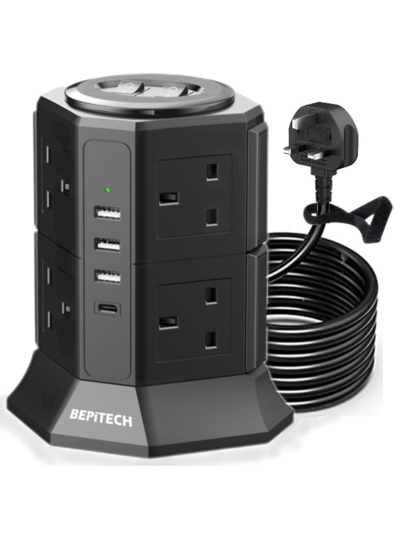 BEPiTECH 20W PD USB-C 12-in-1 Power Tower Extension Cord with 3 USB-A Charging Ports, 8 UK-UAE Socket Outlets, 2M Cable, Surge-Protected Extension Lead, Fits Large Plugs, Ideal for Office & Home - Image 1