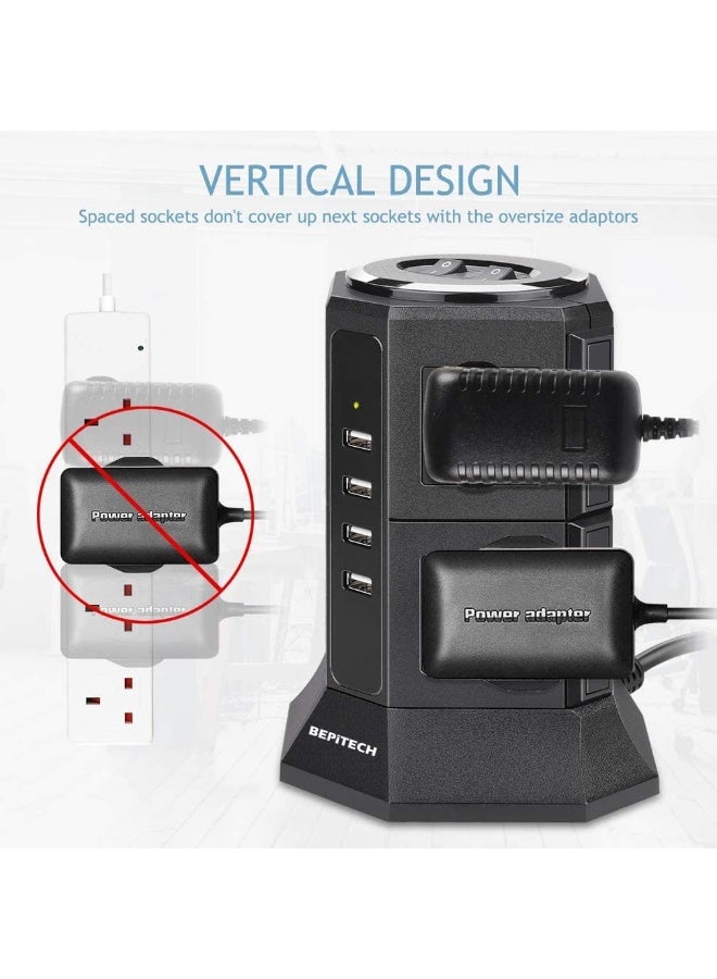 BEPiTECH 20W PD USB-C 12-in-1 Power Tower Extension Cord with 3 USB-A Charging Ports, 8 UK-UAE Socket Outlets, 2M Cable, Surge-Protected Extension Lead, Fits Large Plugs, Ideal for Office & Home - Image 5