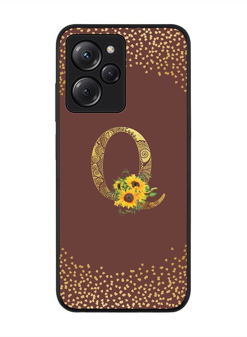 Rugged Black edge case for Poco X5 Pro Slim fit Soft Case Flexible Rubber Edges Anti Drop TPU Gel Thin Cover - Custom Monogram Initial Floral Pattern Alphabet - Q - Brown